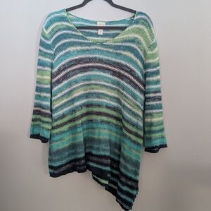 Chico's Size 3 (16/XL) Asymmetrical Blue, Green, White Coastal Look Sweater